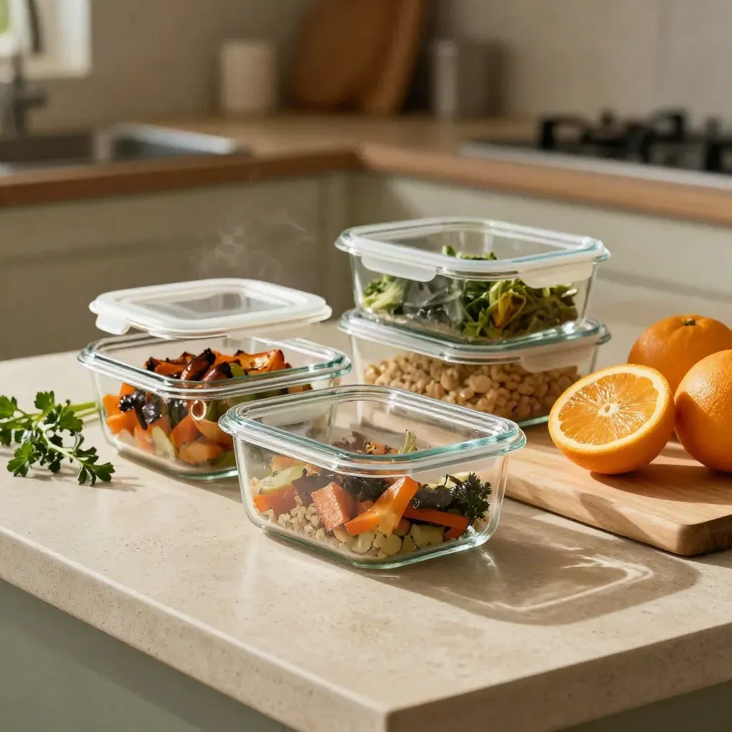 Raciones semanales en recipientes de vidrio, hierbas y cítricos sobre una encimera de cocina.