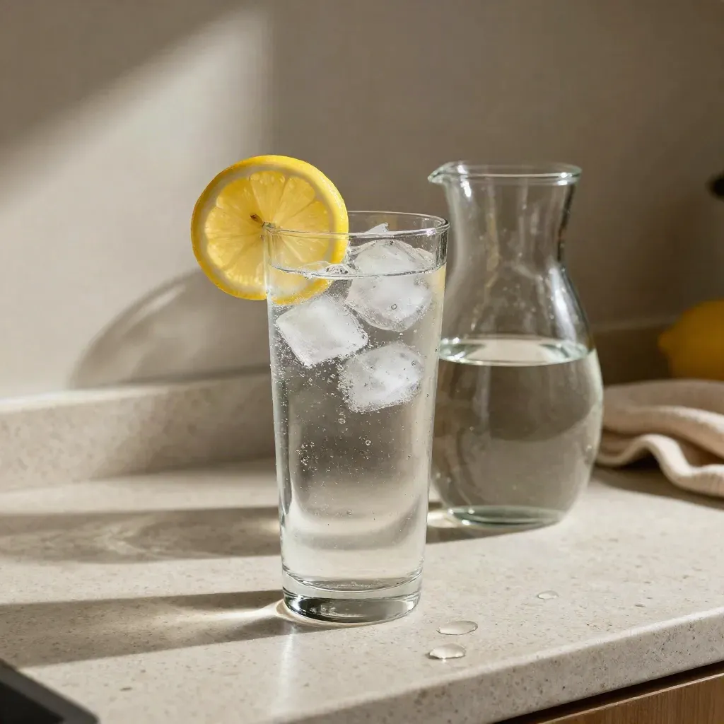 Vaso alto de agua con hielo y limón junto a una jarrita, con condensación y luz lateral.