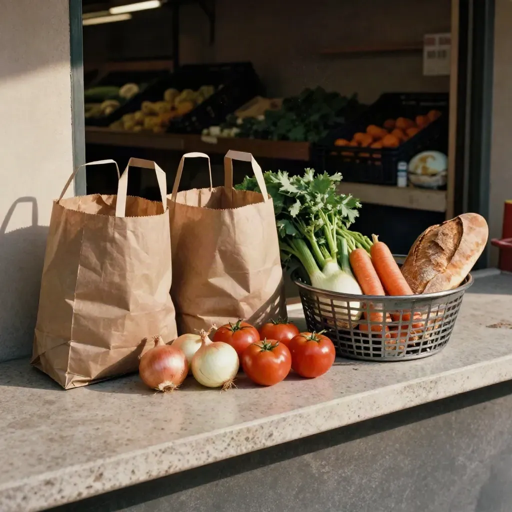 Bolsas de papel, hortalizas, pan y cesta metálica sobre un mostrador de mercado.