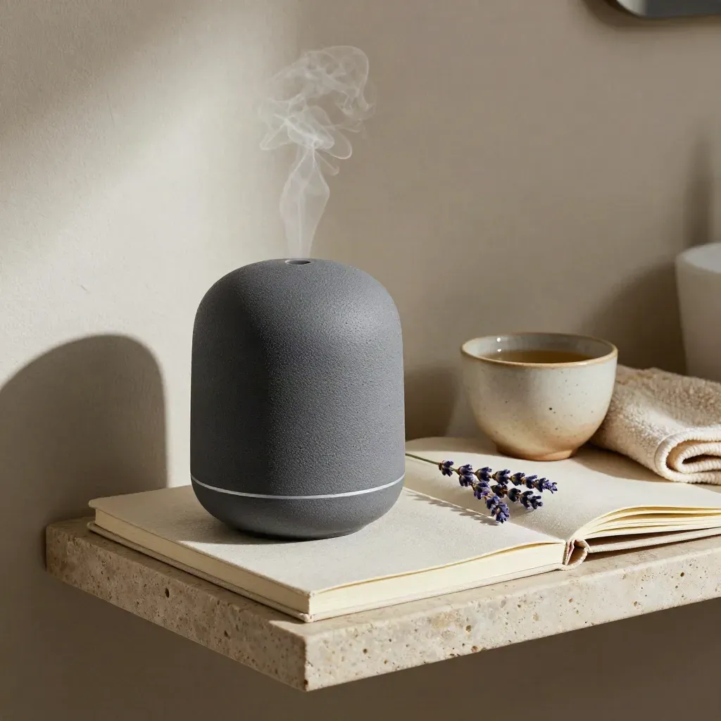 Difusor de cerámica con infusión, lavanda y libreta cerrada en una repisa de baño de piedra.